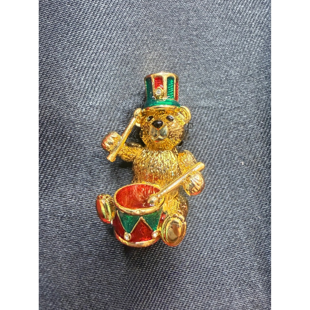 Christopher Radko Drummer Teddy Bear Brooch Pin Gold Tone Enamel Christmas Boxed